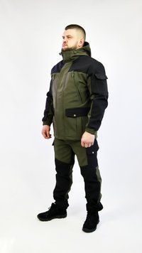 Костюм софтшелл для охоты и рыбалки с брюками "Sarmat" двухцветный черный-олива KS-0064 фото